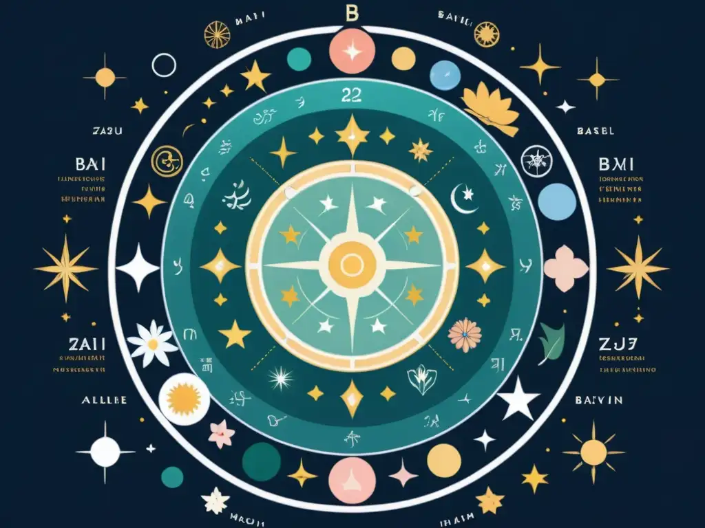 Una ilustración minimalista de una carta de astrología BaZi con líneas elegantes y colores suaves