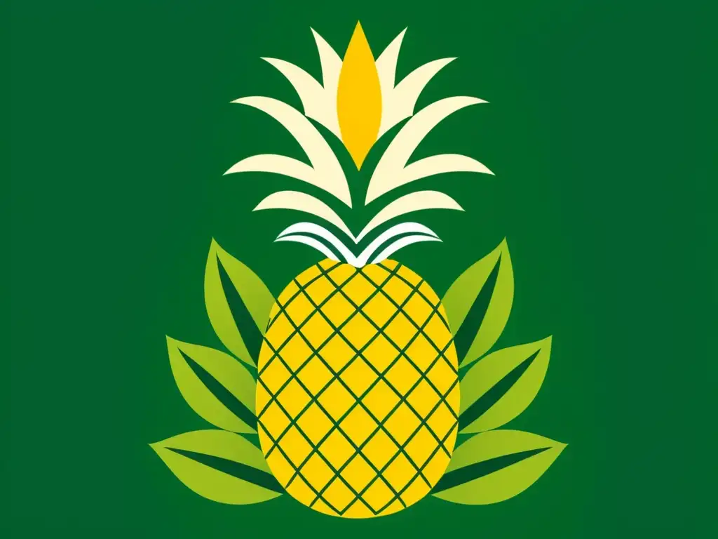 Una ilustración minimalista de una piña dorada rodeada de exuberantes hojas verdes, con detalles intrincados en la textura de la fruta y líneas delicadas en el follaje