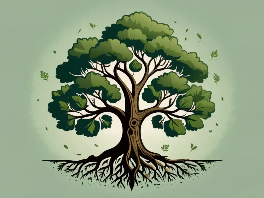 Robusto roble: símbolo de fuerza y crecimiento Una ilustración minimalista de un robusto roble, enraizado en la tierra y con sus ramas alcanzando el cielo
