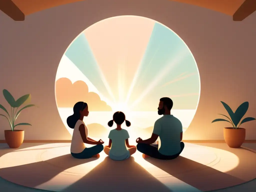 Una ilustración serena y minimalista de una familia meditando juntos en un círculo, transmitiendo armonía y tranquilidad