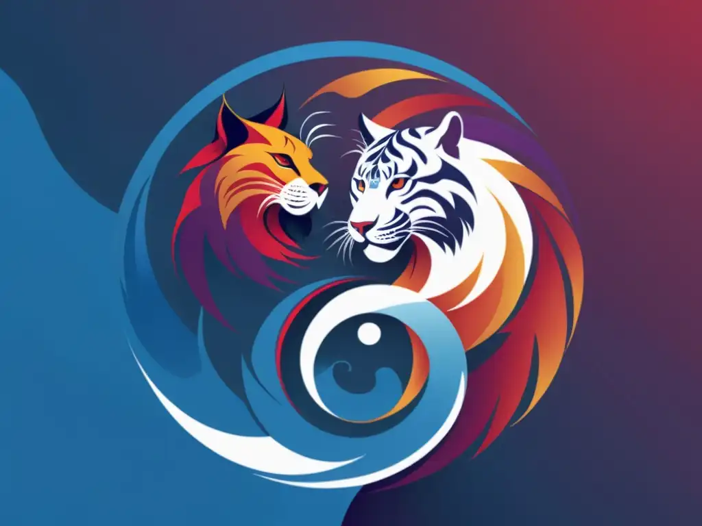 Imagen de animales celestiales en Feng Shui: un fénix rojo y un tigre blanco entrelazados en un yin yang, con detalles vibrantes y fondo sereno