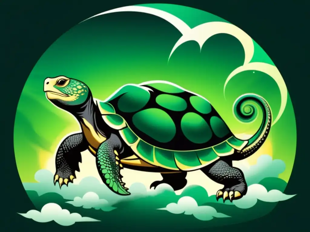 Imagen de animales celestiales en Feng Shui: tortuga negra y dragón verde danzando en armonía entre nubes celestiales