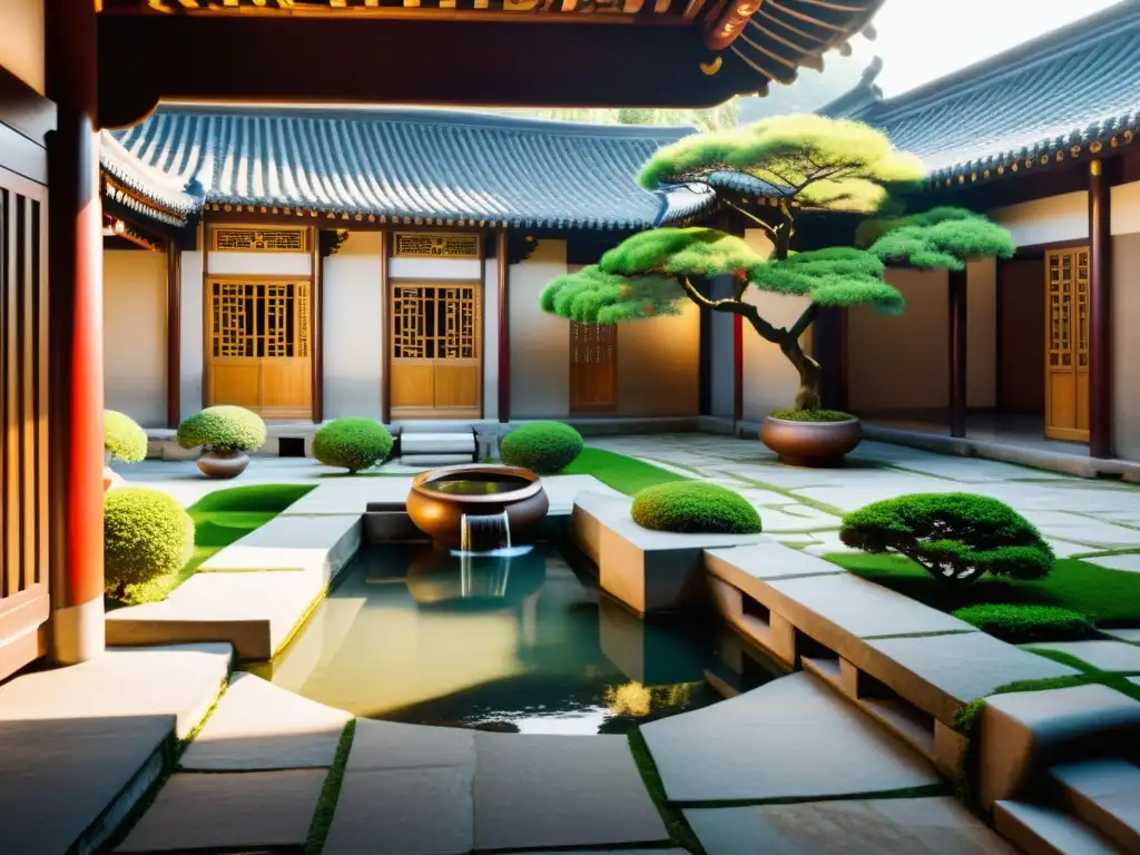 Imagen de un antiguo patio chino con elementos de feng shui, arquitectura histórica influenciada por Feng Shui