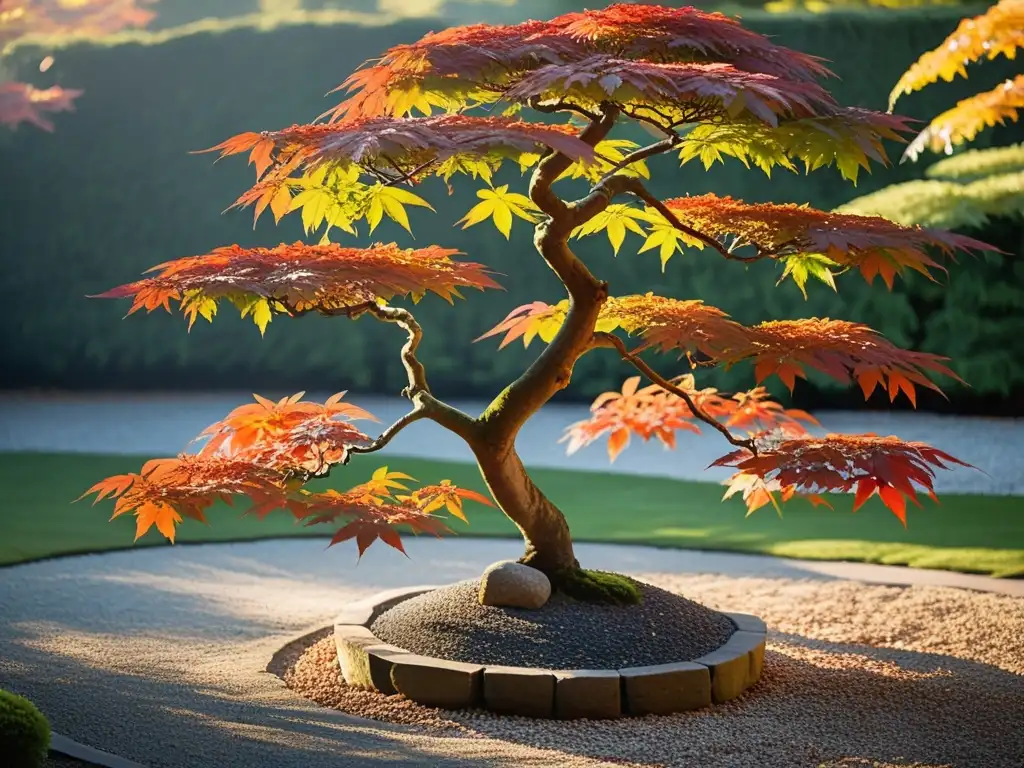 Imagen de un arce japonés en un jardín tranquilo, evocando armonía y equilibrio con Feng Shui para armonía en otoño