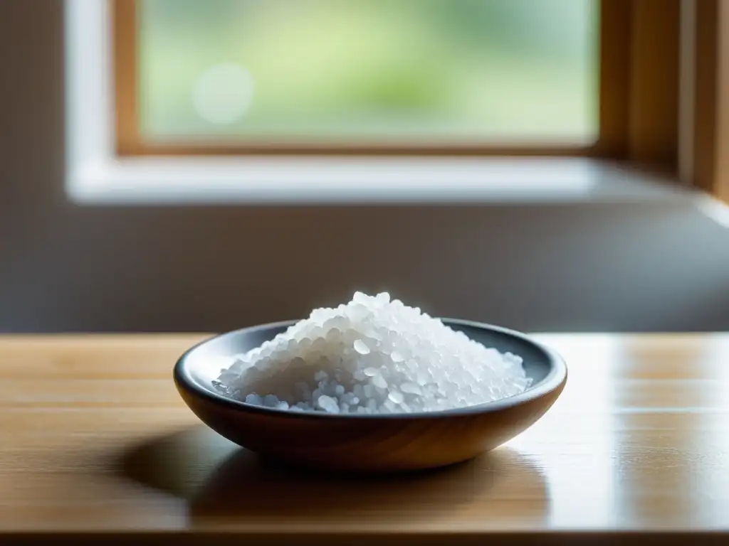 Una imagen de calma y pureza: un plato con cristales de sal marina blanca sobre una mesa de madera, bañados por luz natural