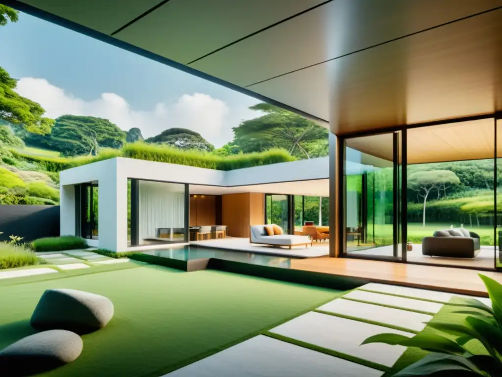 Imagen de una casa autónoma con elementos de Feng Shui integrados en su diseño, rodeada de exuberante vegetación y senderos claros