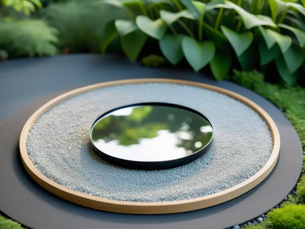 Una imagen de jardín Zen con colocación estratégica de espejos Feng Shui, reflejando tranquilidad y equilibrio en la naturaleza