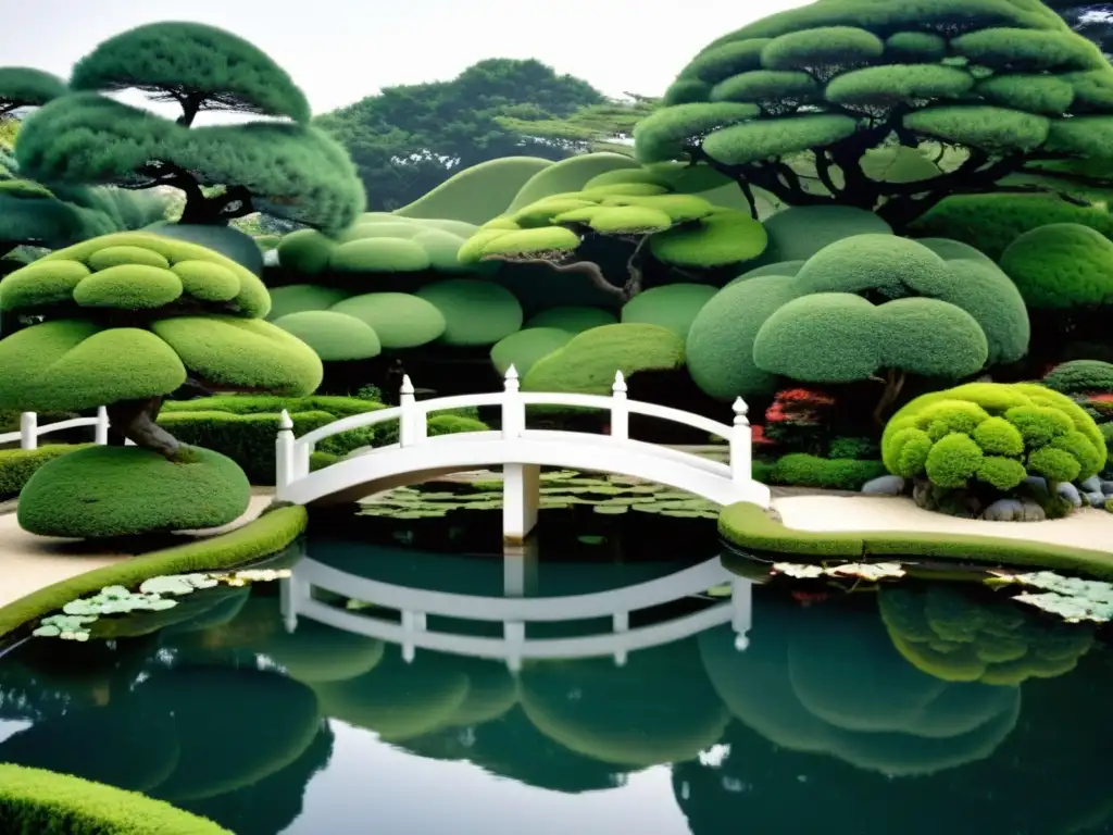 Imagen de un jardín coreano tradicional con impacto del Feng Shui en paisajismo coreano, con bonsáis, estanque y arco