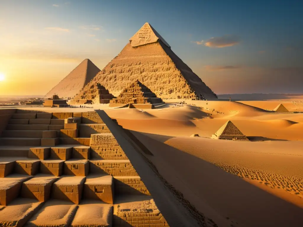 Una imagen detallada de la Gran Pirámide de Giza al atardecer, con sombras largas y cálidas del sol poniente