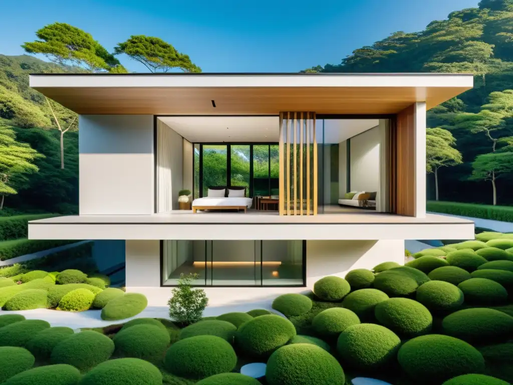 Imagen de un edificio ecológico con diseño Feng Shui, integrado armoniosamente con la naturaleza