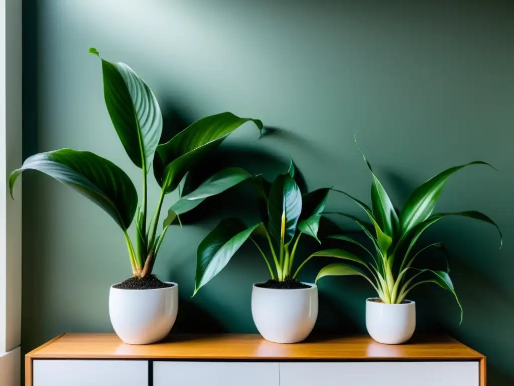 Imagen de un espacio interior sereno con plantas purificadoras energía negativa hogar, iluminado suavemente