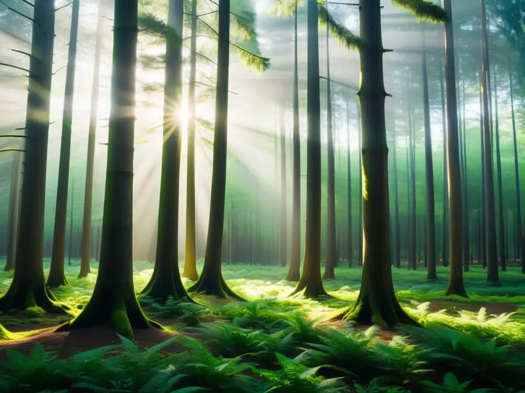 Imagen de un exuberante bosque verde con luz solar filtrándose entre los árboles