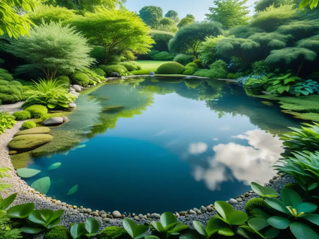 Imagen 8k de jardín Feng Shui con fuente de agua en armonía, reflejando árboles y cielo azul