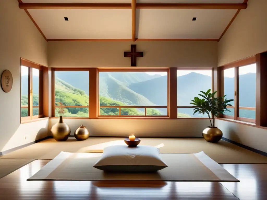 Imagen de una habitación armoniosa con elementos de Feng Shui y prácticas espirituales occidentales integrados, evocando serenidad y equilibrio