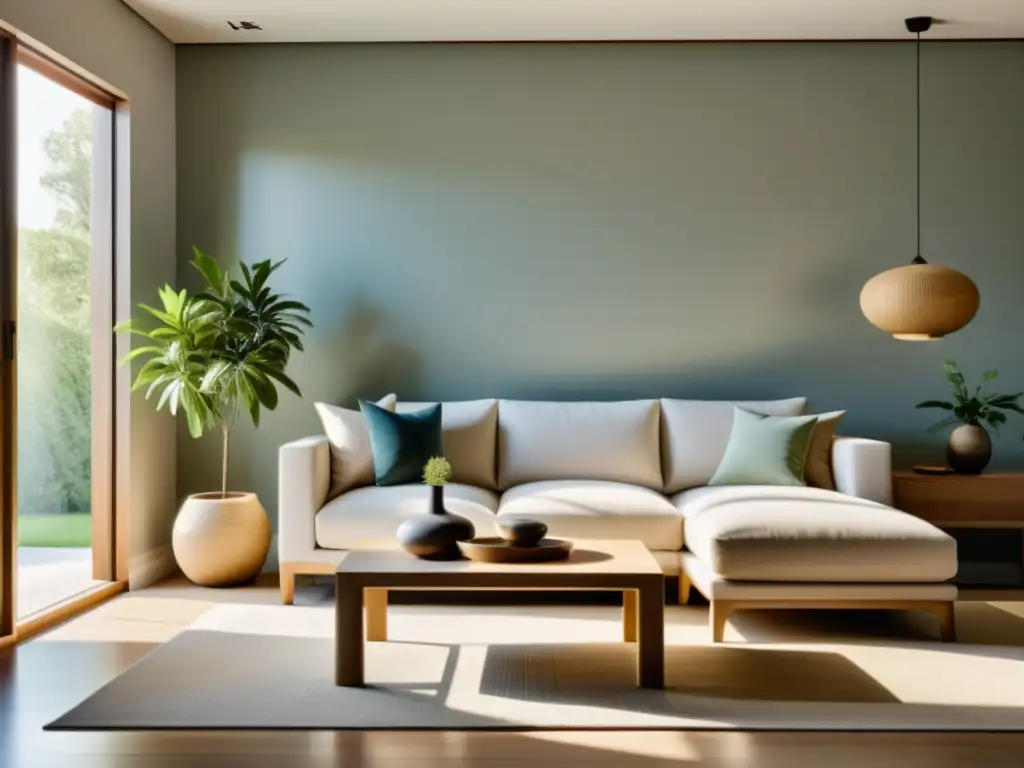 Imagen de una habitación serena y soleada con muebles y decoración según principios de Feng Shui ecosostenible, promoviendo armonía y tranquilidad