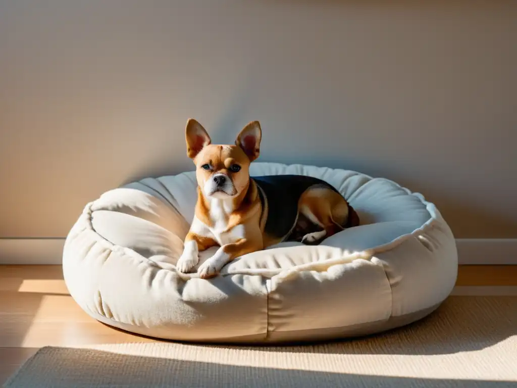 Imagen de una habitación soleada con un perro durmiendo pacíficamente en una cama redonda