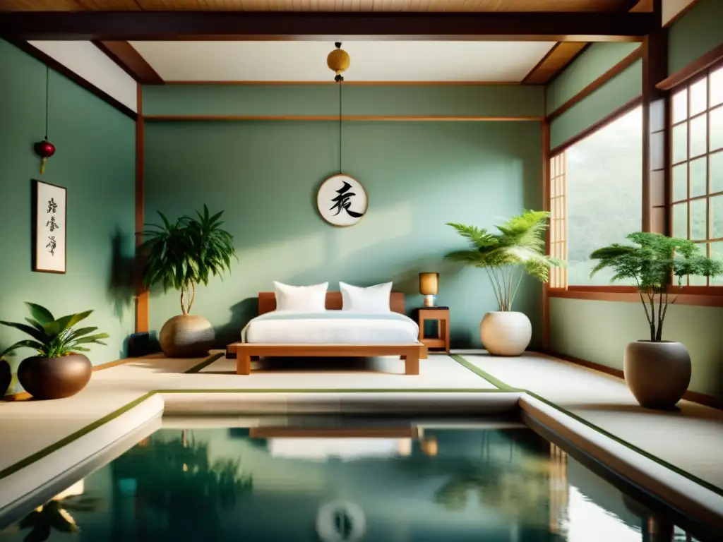 Imagen de una habitación tranquila con decoración china, enfoque holístico salud Feng Shui