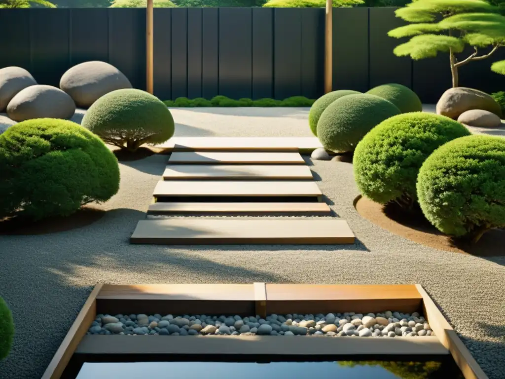 Imagen de un jardín japonés sereno y simétrico con equilibrio y armonía, yin yang