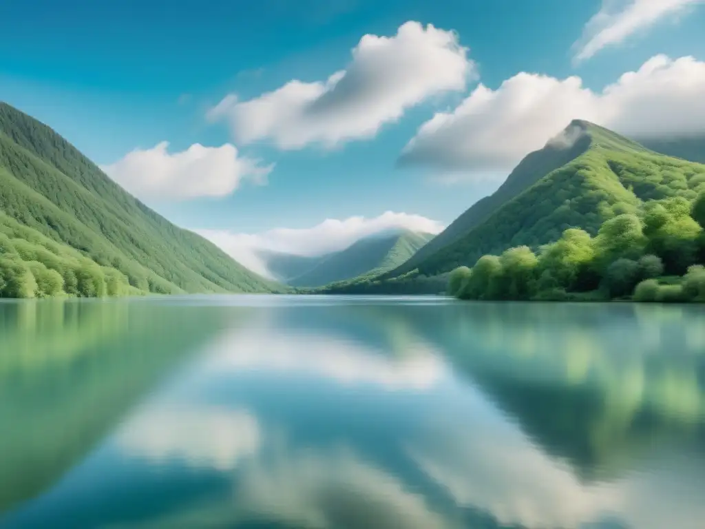 Imagen de un lago tranquilo rodeado de montañas verdes, reflejando un cielo sereno