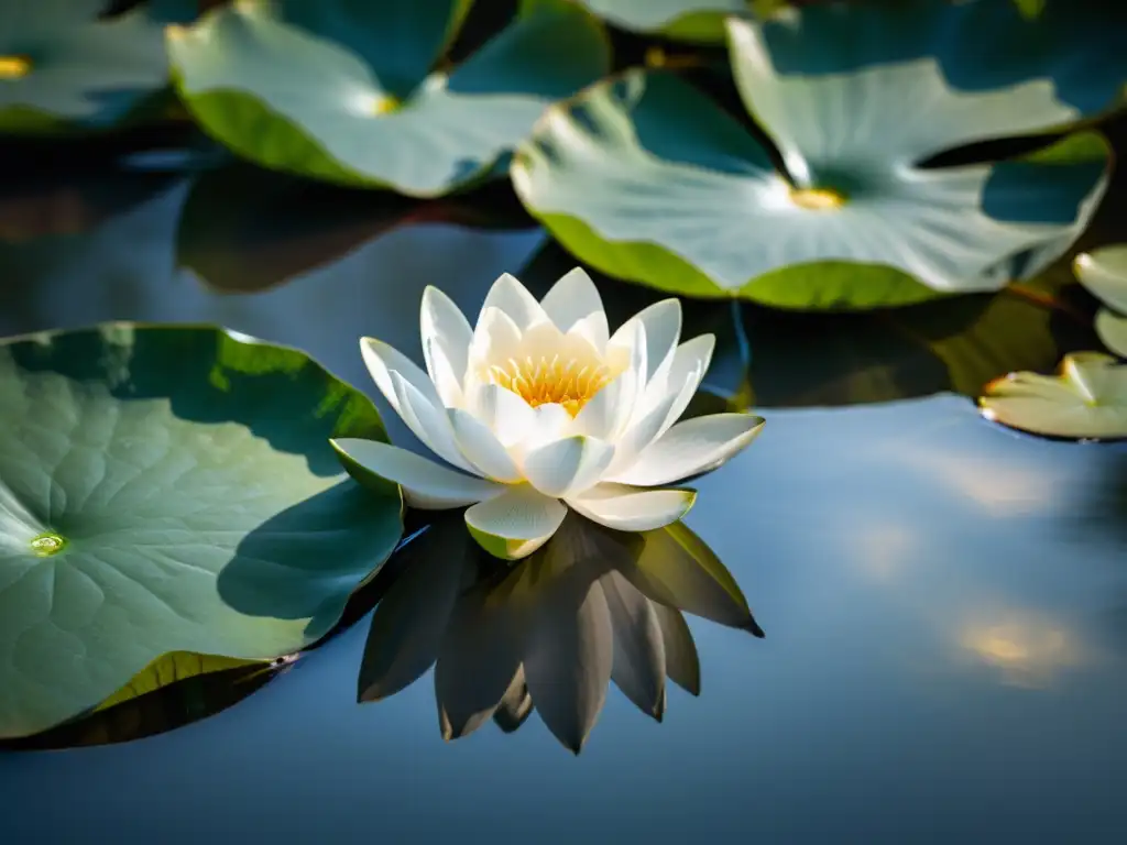 Imagen de un loto blanco flotando en agua quieta, con luz suave creando ondas