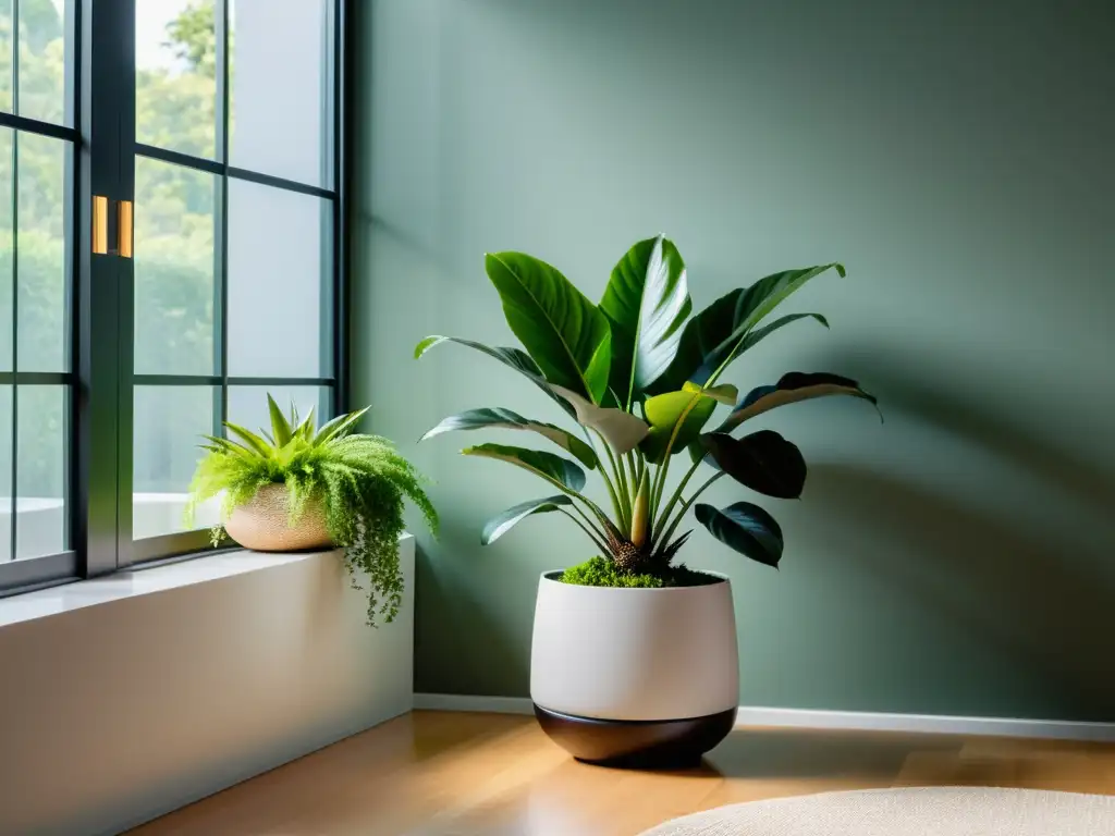 Una imagen minimalista y armoniosa con un toque de Feng Shui: una planta exuberante en una elegante maceta, iluminada por una suave luz natural