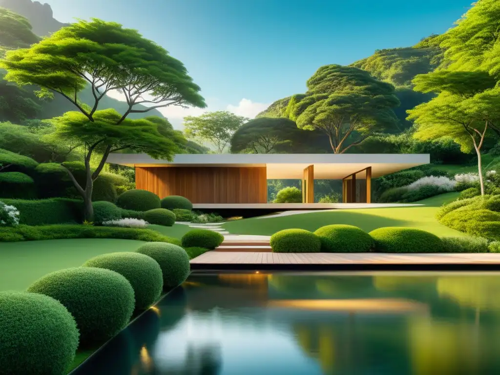 Paisaje sereno y armonioso con agua y arquitectura equilibrada Imagen de paisaje sereno y armónico con arquitectura equilibrada y flujo de agua suave