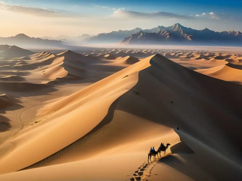 Imagen panorámica de la antigua Ruta de la Seda, con paisajes desérticos, caravanas de camellos y montañas lejanas