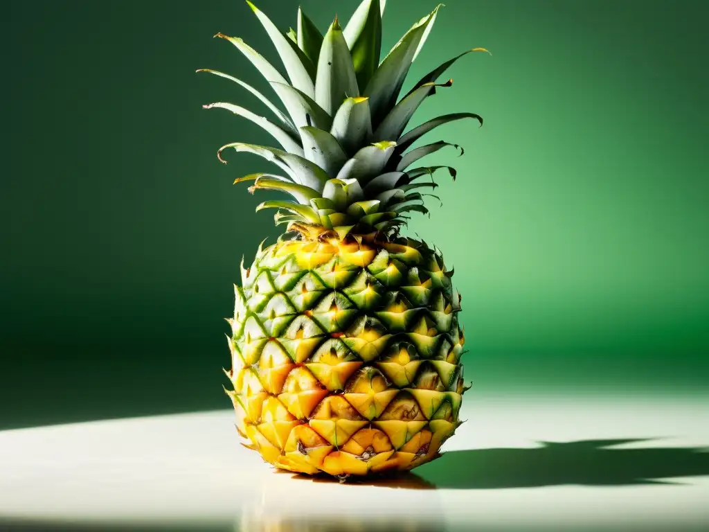 Imagen de una piña madura y equilibrada en superficie blanca, con colores vibrantes