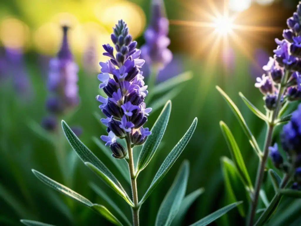 Imagen de una planta de lavanda en flor, con detalles de las hojas verdes y luz suave