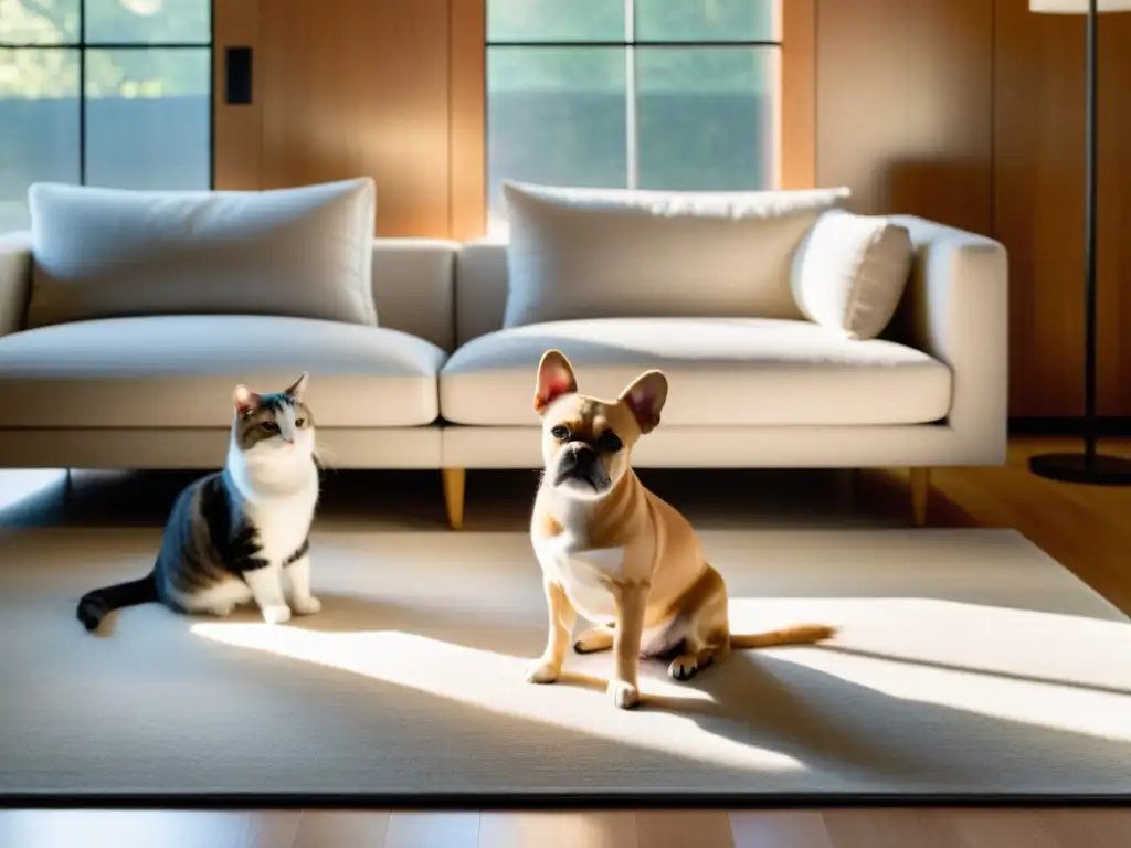 Imagen de sala minimalista con mascotas creando armonía y equilibrio, ilustrando el impacto de las mascotas en la energía del hogar según el Feng Shui