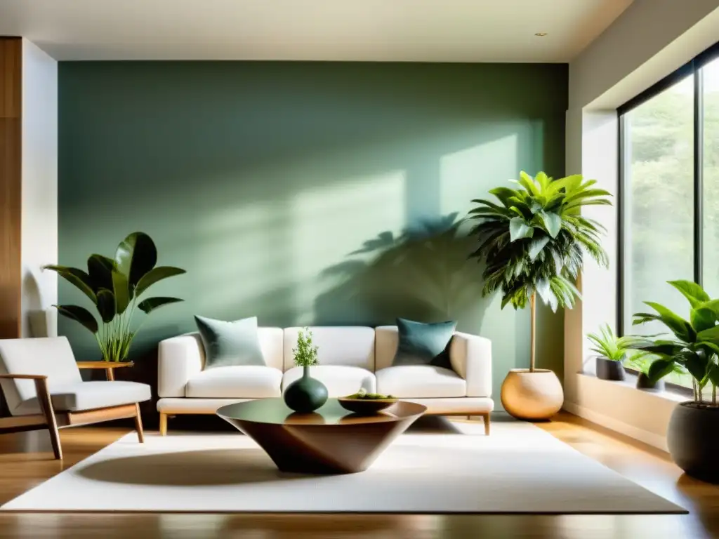 Imagen de sala minimalista con mobiliario estratégico según Feng Shui, luz natural y armonía en la decoración