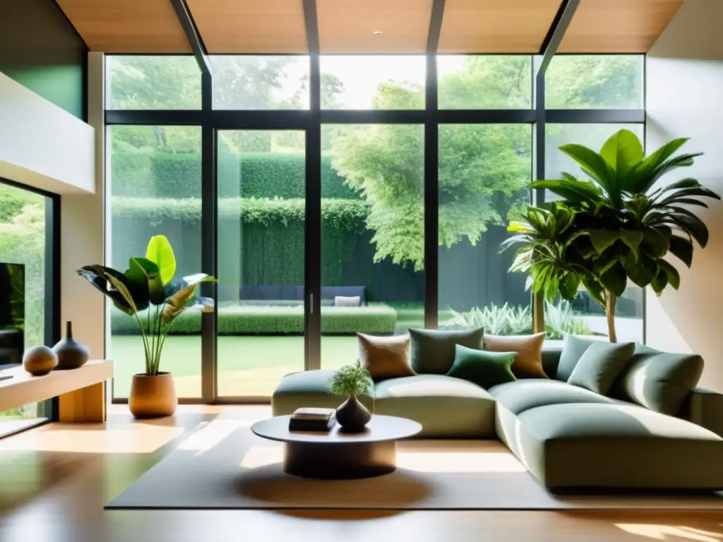 Imagen de sala moderna con armonización hogar Feng Shui naturaleza, muebles minimalistas y vista a jardín verde