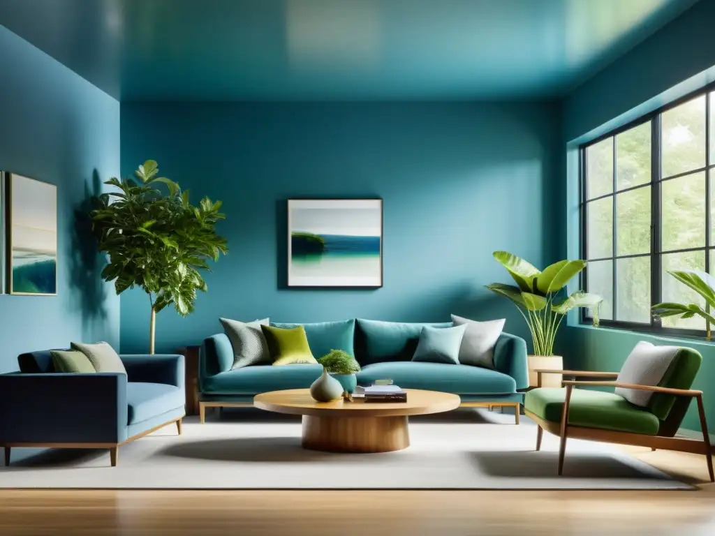 Imagen de sala moderna en tonos azules y verdes, con luz natural y diseño armonioso siguiendo la psicología del color en feng shui