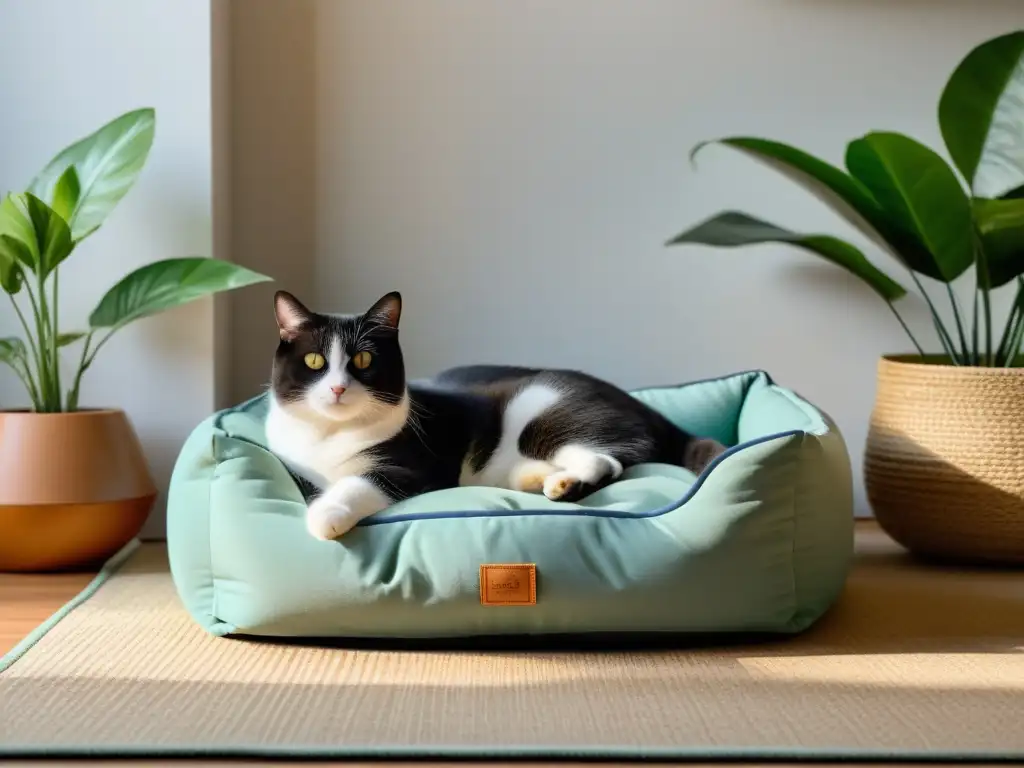 Imagen de un salón sereno con cama para mascotas, en armonía con el Feng Shui adaptado para mascotas, donde un gato reposa plácidamente