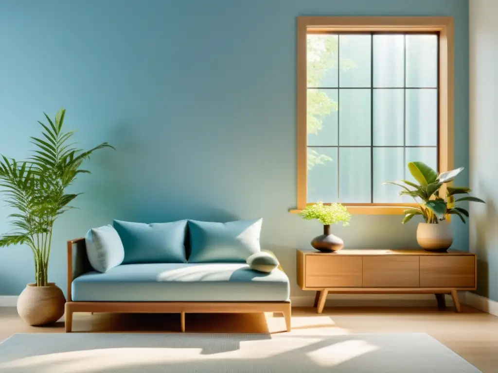 Imagen de armonización hogar feng shui sensorial: Espacio sereno con muebles y decoración en tonos suaves, luz natural y fuente relajante