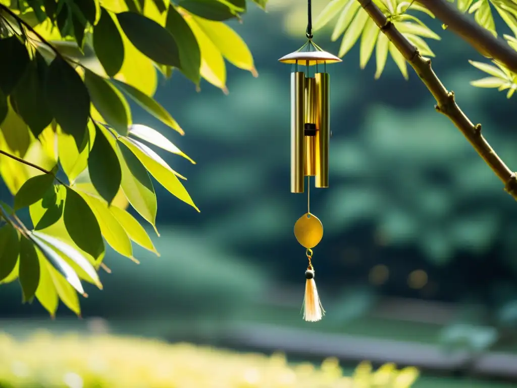 Una imagen serena de un jardín con campanas de viento móviles, reflejo del equilibrio y la armonía del Feng Shui