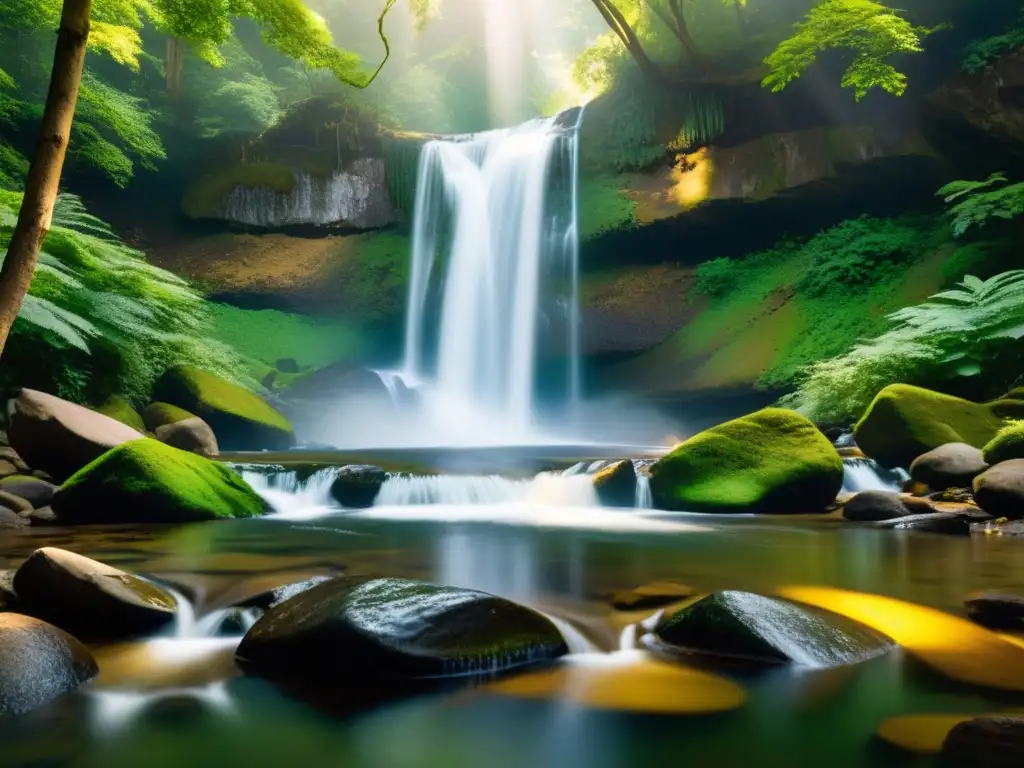 Imagen serena de una cascada tranquila en un bosque exuberante, con luz dorada filtrándose entre los árboles