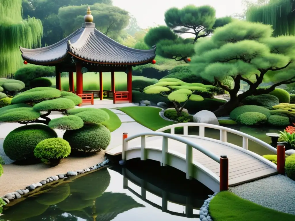 Imagen serena de un jardín chino tradicional con elementos de Feng Shui, integrando símbolos de prosperidad