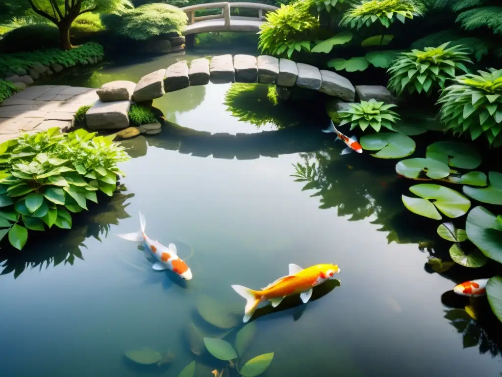 Paisaje sereno: estanque, puente y koi Imagen serena de estanque con puente de piedra, koi nadando