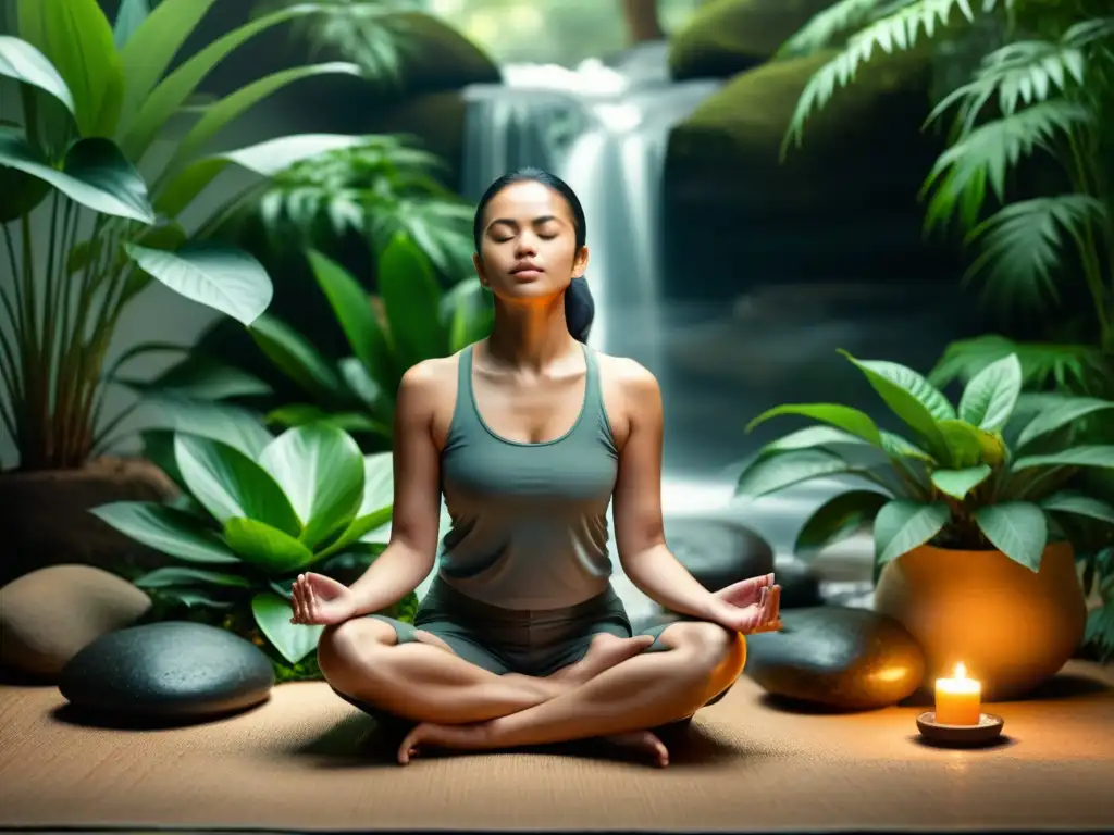 Una imagen serena de meditación con luz suave y elementos naturales, invita a la calma y conexión con la guía completa Pranayama Feng Shui