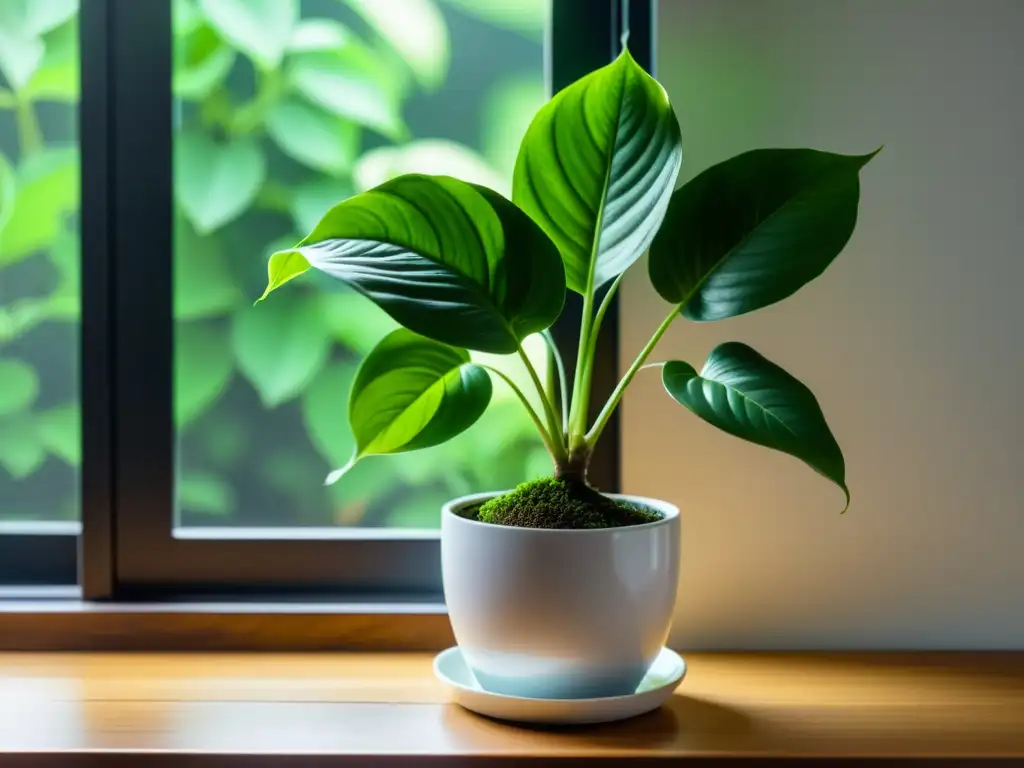 Una imagen serena y minimalista de una exuberante planta de dinero (Epipremnum aureum) en una elegante maceta blanca