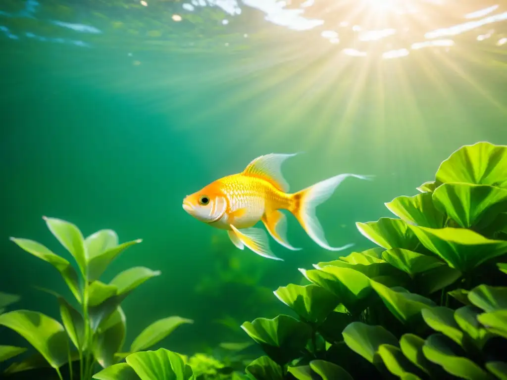 Imagen serena de un pez dorado nadando en aguas tranquilas, rodeado de plantas acuáticas verdes