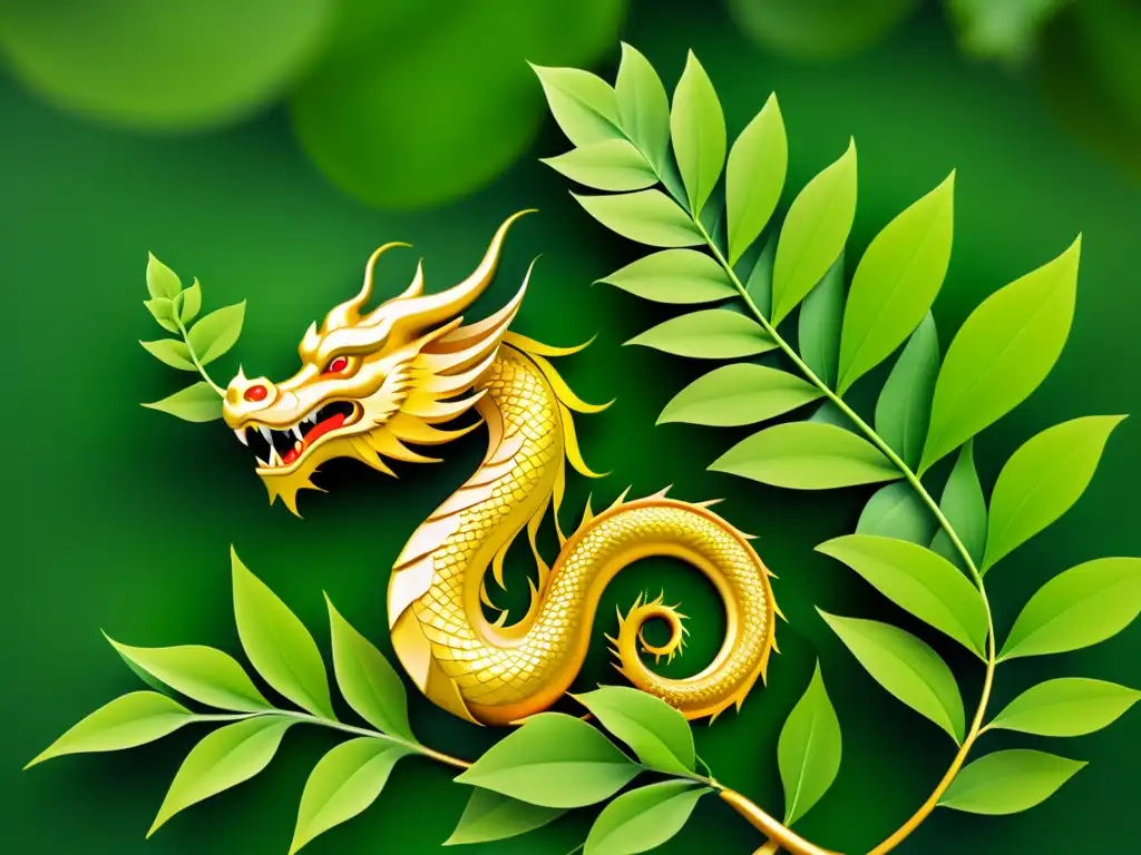 Una imagen serena de un poderoso dragón dorado enredado alrededor de una planta verde vibrante, simbolizando fuerza y crecimiento en Feng Shui