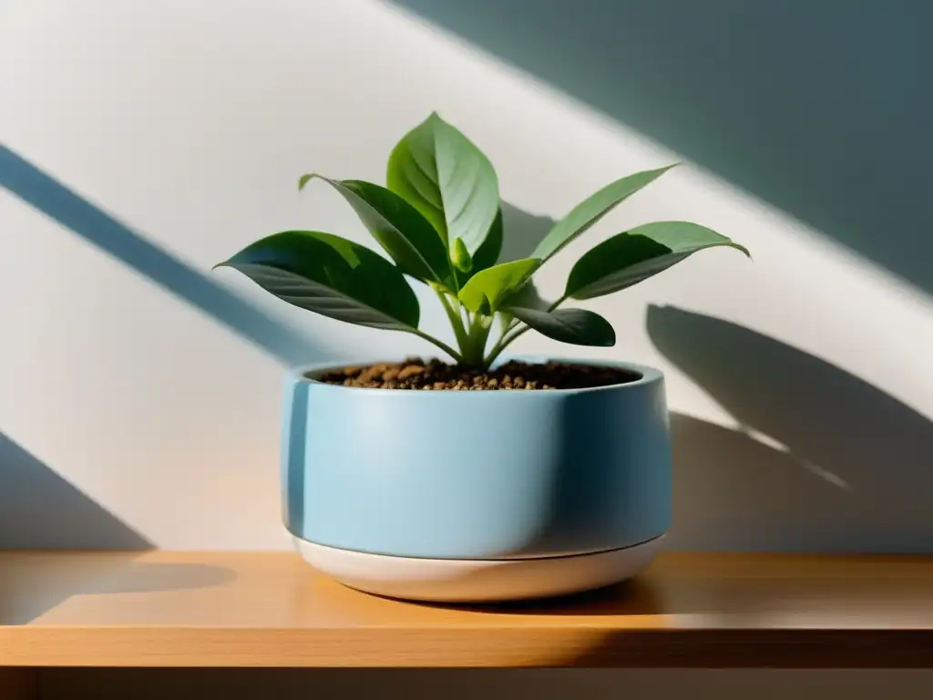 Una imagen de serenidad y armonía en el hogar con una maceta azul claro y una planta verde en una estantería de madera