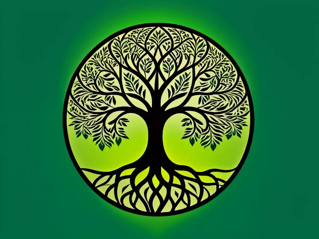 Imagen de un sereno y minimalista Árbol de la Vida en Feng Shui, con ramas detalladas y hojas vibrantes, irradiando armonía y equilibrio