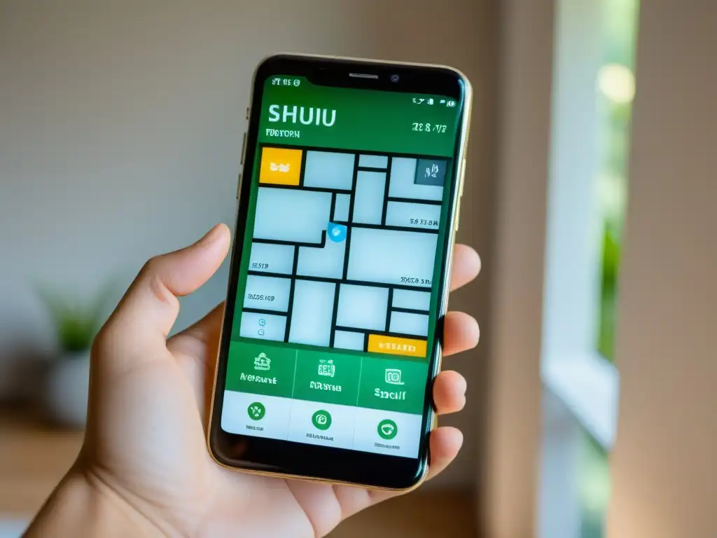 Imagen de smartphone moderno con app Feng Shui armonización digital: diseño minimalista, colores armónicos y equilibrio en el plano virtual