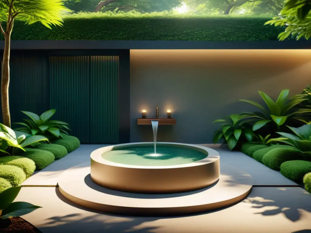 Imagen 8k de un spa sereno con fuente en jardín exuberante, evocando energía renovadora y tranquilidad