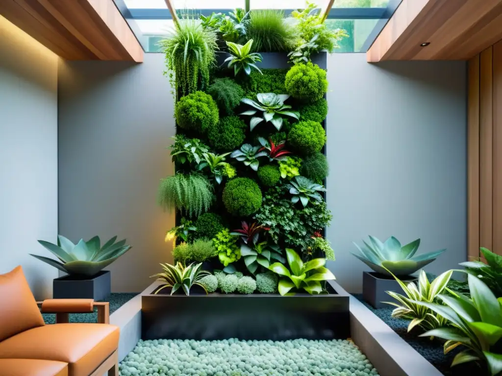 Un impresionante huerto vertical feng shui naturaleza, con diseño moderno y equilibrio natural entre plantas y elementos