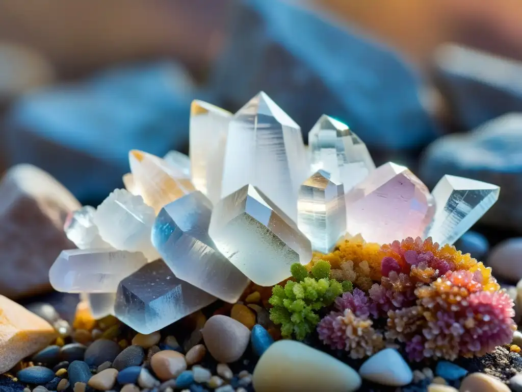 Una impresionante imagen de cuarzos translúcidos sobre rocas ásperas, emanando una energía serena y etérea