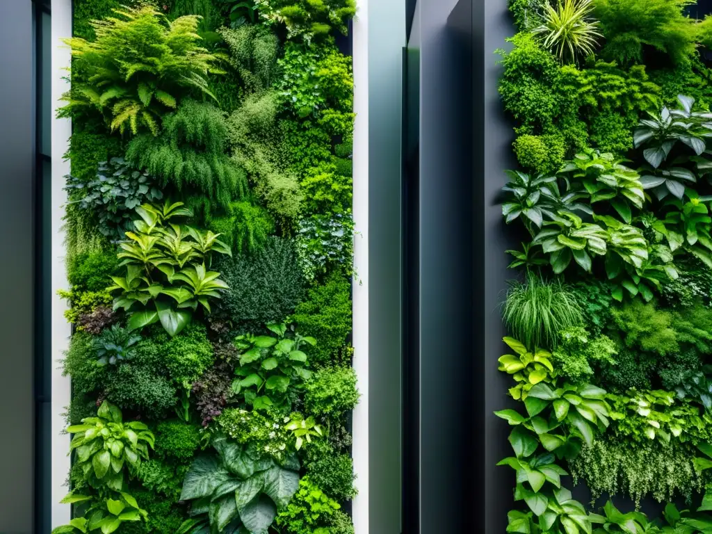 Un impresionante jardín vertical con exuberante vegetación verde vibrante que desciende por la fachada de un edificio moderno y minimalista